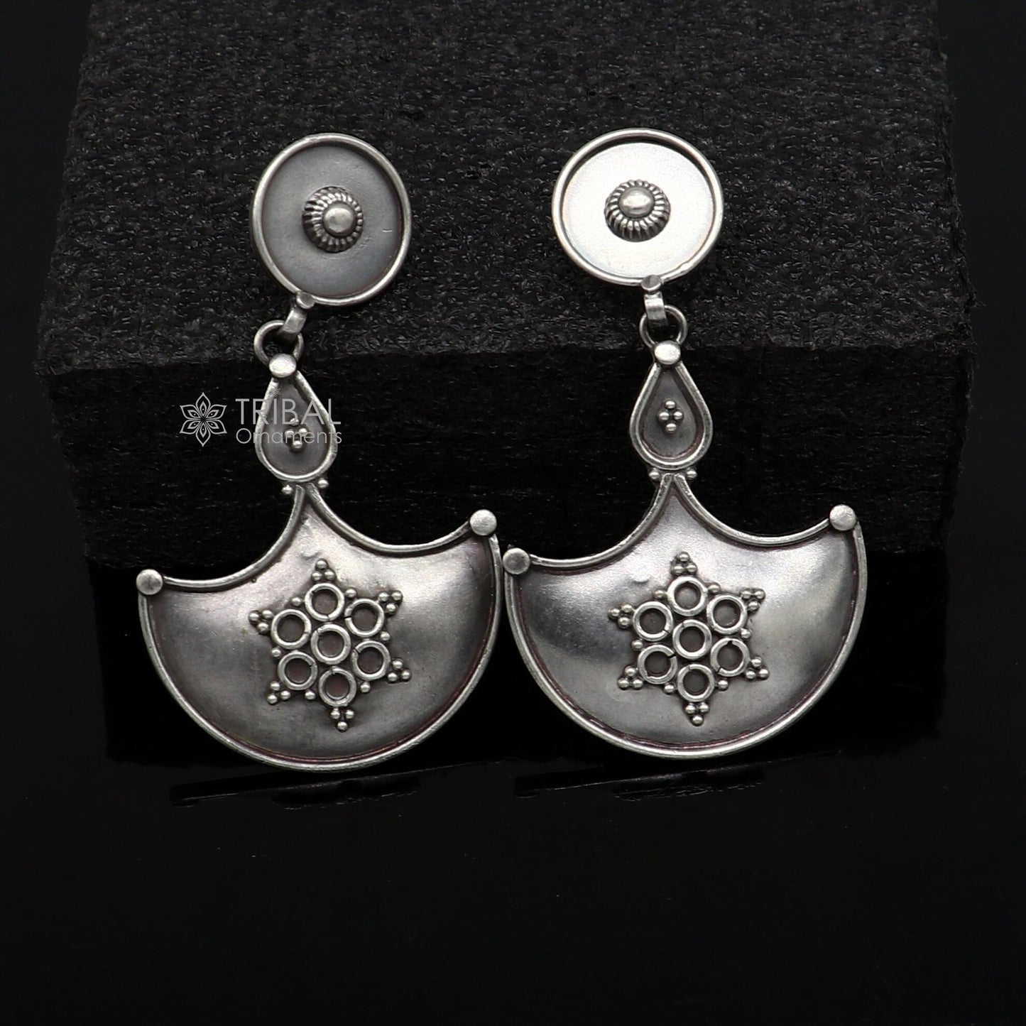 925 Sterling silver handmade traditional cultural design drop dangler fancy earrings, best party functional Navratri jewelry s1238 - TRIBAL ORNAMENTS