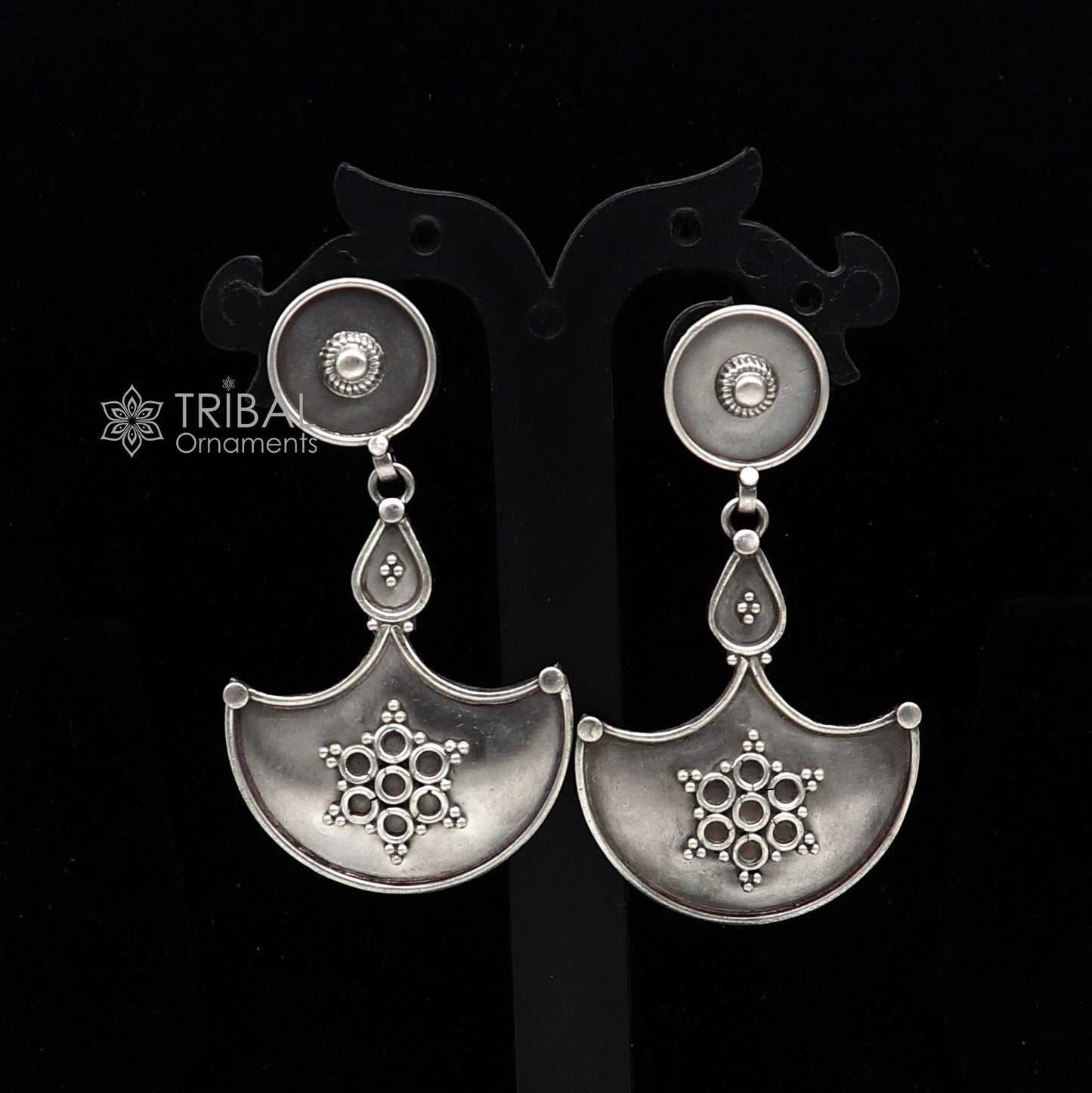 925 Sterling silver handmade traditional cultural design drop dangler fancy earrings, best party functional Navratri jewelry s1238 - TRIBAL ORNAMENTS