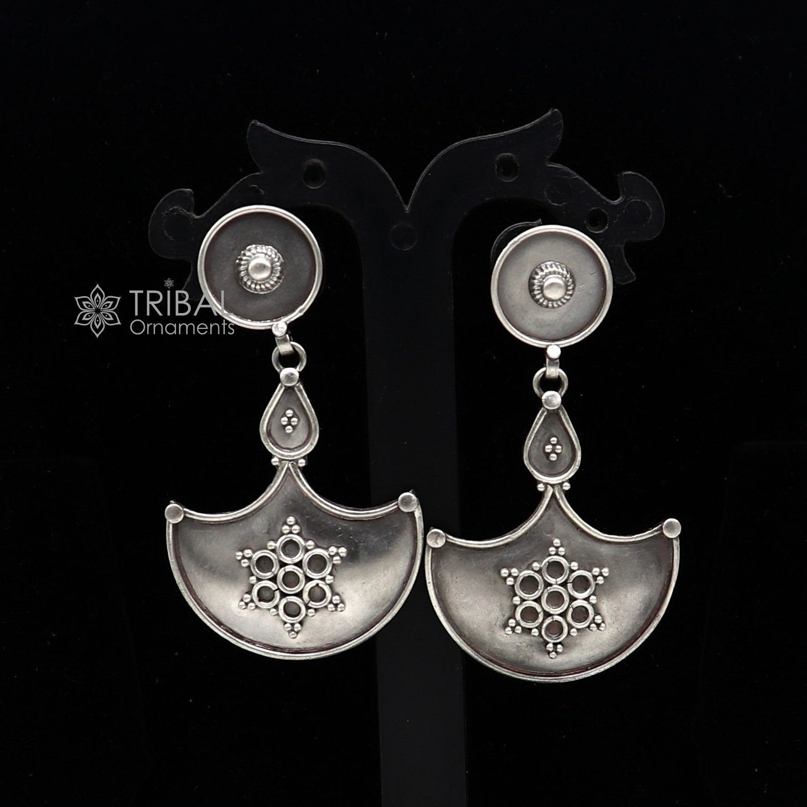 925 Sterling silver handmade traditional cultural design drop dangler fancy earrings, best party functional Navratri jewelry s1238 - TRIBAL ORNAMENTS