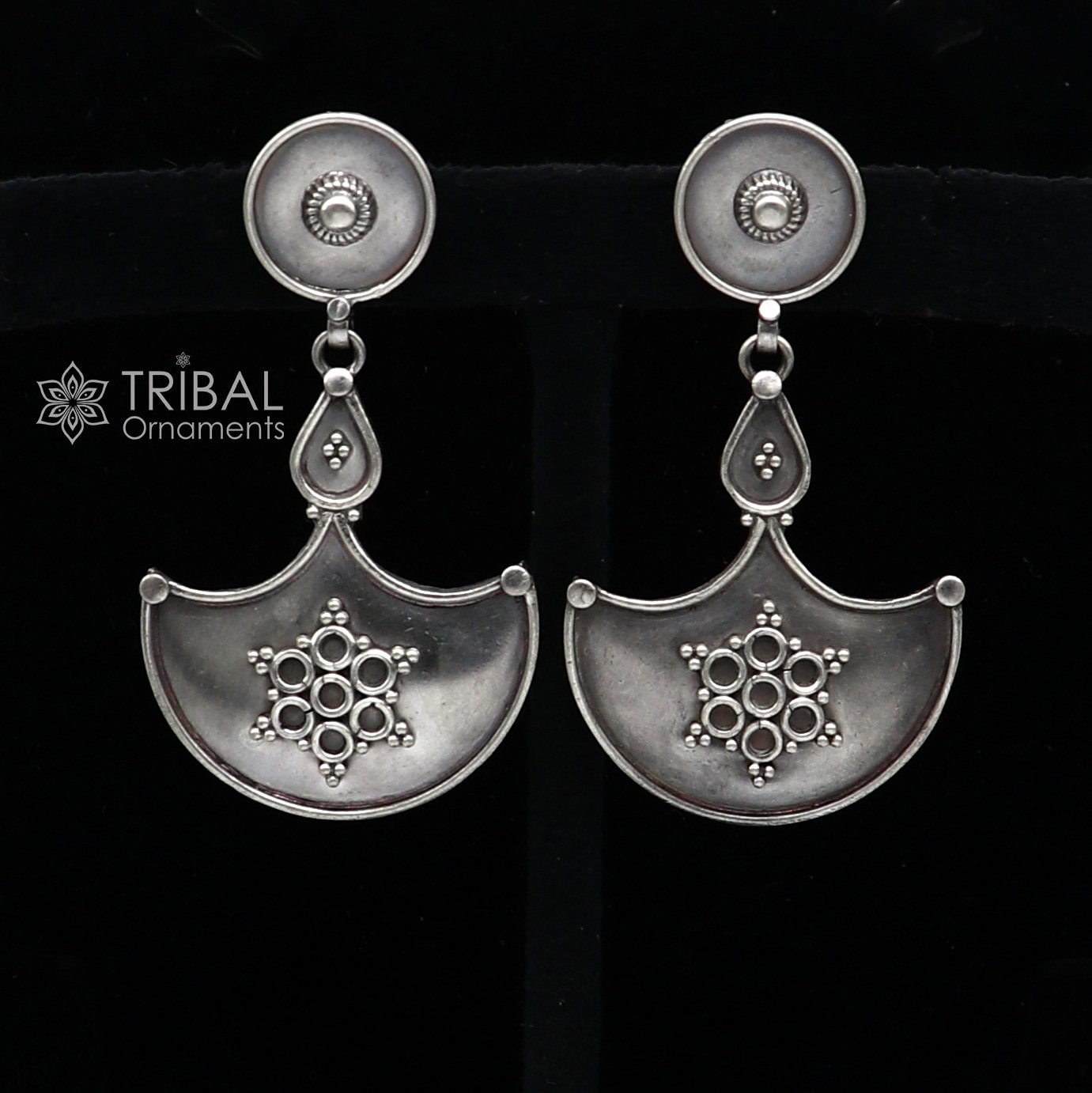 925 Sterling silver handmade traditional cultural design drop dangler fancy earrings, best party functional Navratri jewelry s1238 - TRIBAL ORNAMENTS