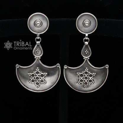 925 Sterling silver handmade traditional cultural design drop dangler fancy earrings, best party functional Navratri jewelry s1238 - TRIBAL ORNAMENTS