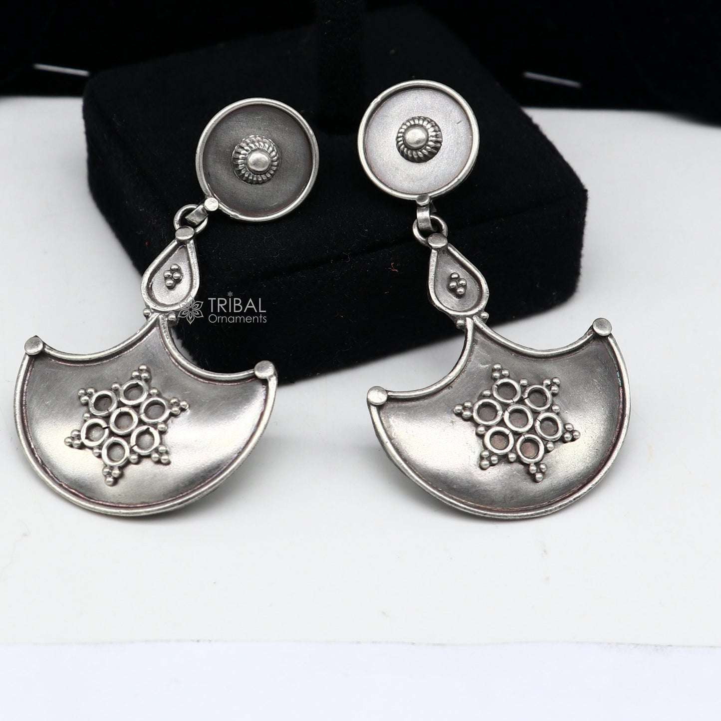 925 Sterling silver handmade traditional cultural design drop dangler fancy earrings, best party functional Navratri jewelry s1238 - TRIBAL ORNAMENTS