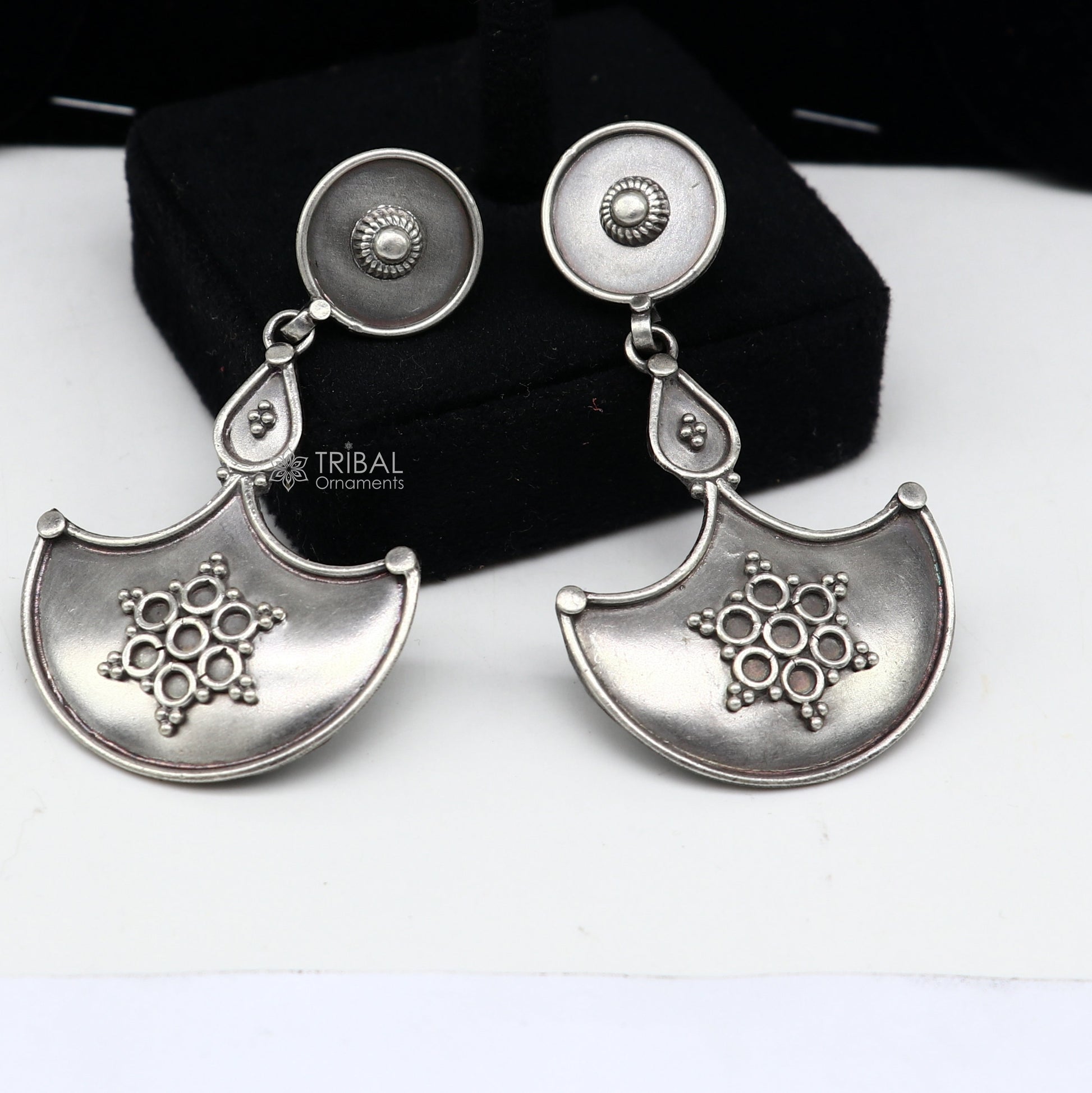 925 Sterling silver handmade traditional cultural design drop dangler fancy earrings, best party functional Navratri jewelry s1238 - TRIBAL ORNAMENTS