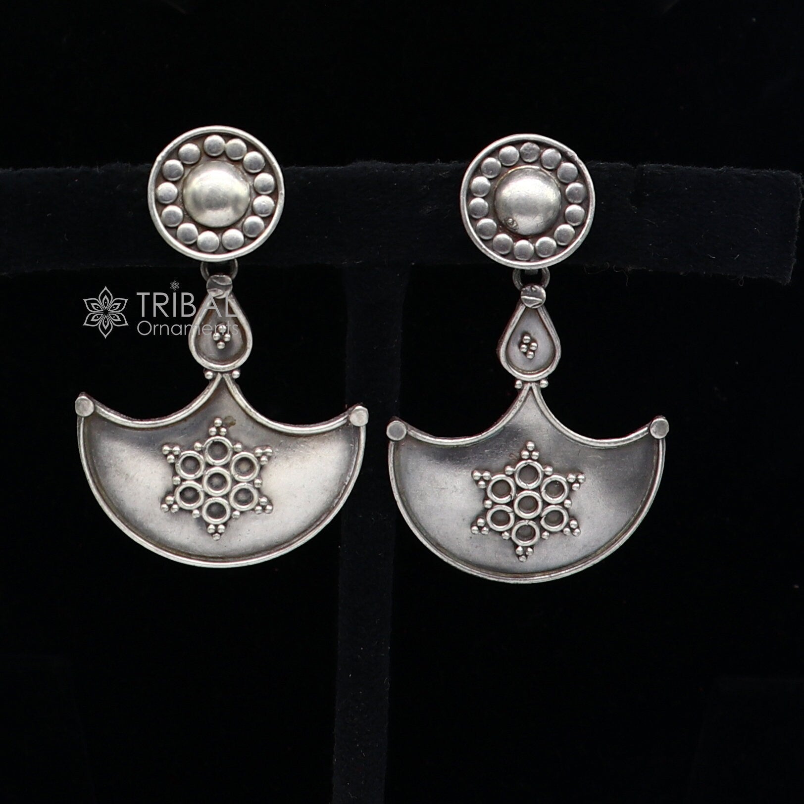 925 Sterling silver handmade traditional cultural design drop dangler fancy earrings, best party functional Navratri jewelry s1240 - TRIBAL ORNAMENTS