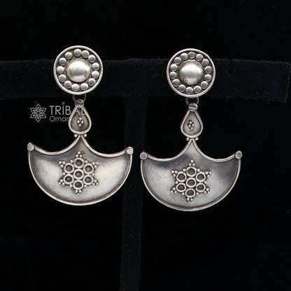 925 Sterling silver handmade traditional cultural design drop dangler fancy earrings, best party functional Navratri jewelry s1240 - TRIBAL ORNAMENTS