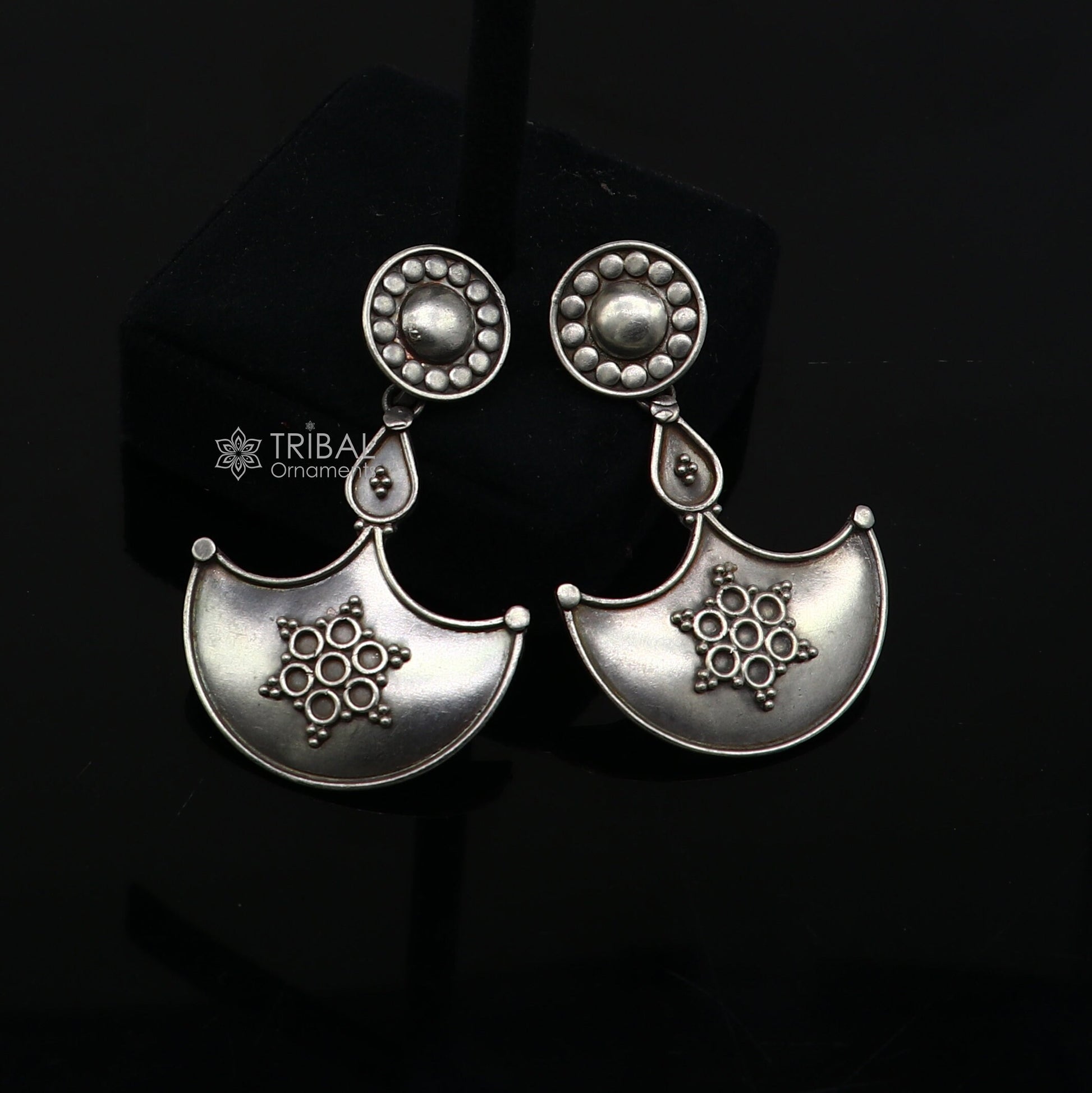 925 Sterling silver handmade traditional cultural design drop dangler fancy earrings, best party functional Navratri jewelry s1240 - TRIBAL ORNAMENTS