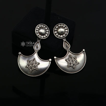 925 Sterling silver handmade traditional cultural design drop dangler fancy earrings, best party functional Navratri jewelry s1240 - TRIBAL ORNAMENTS