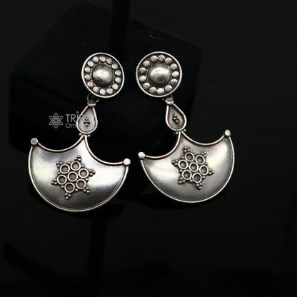 925 Sterling silver handmade traditional cultural design drop dangler fancy earrings, best party functional Navratri jewelry s1240 - TRIBAL ORNAMENTS