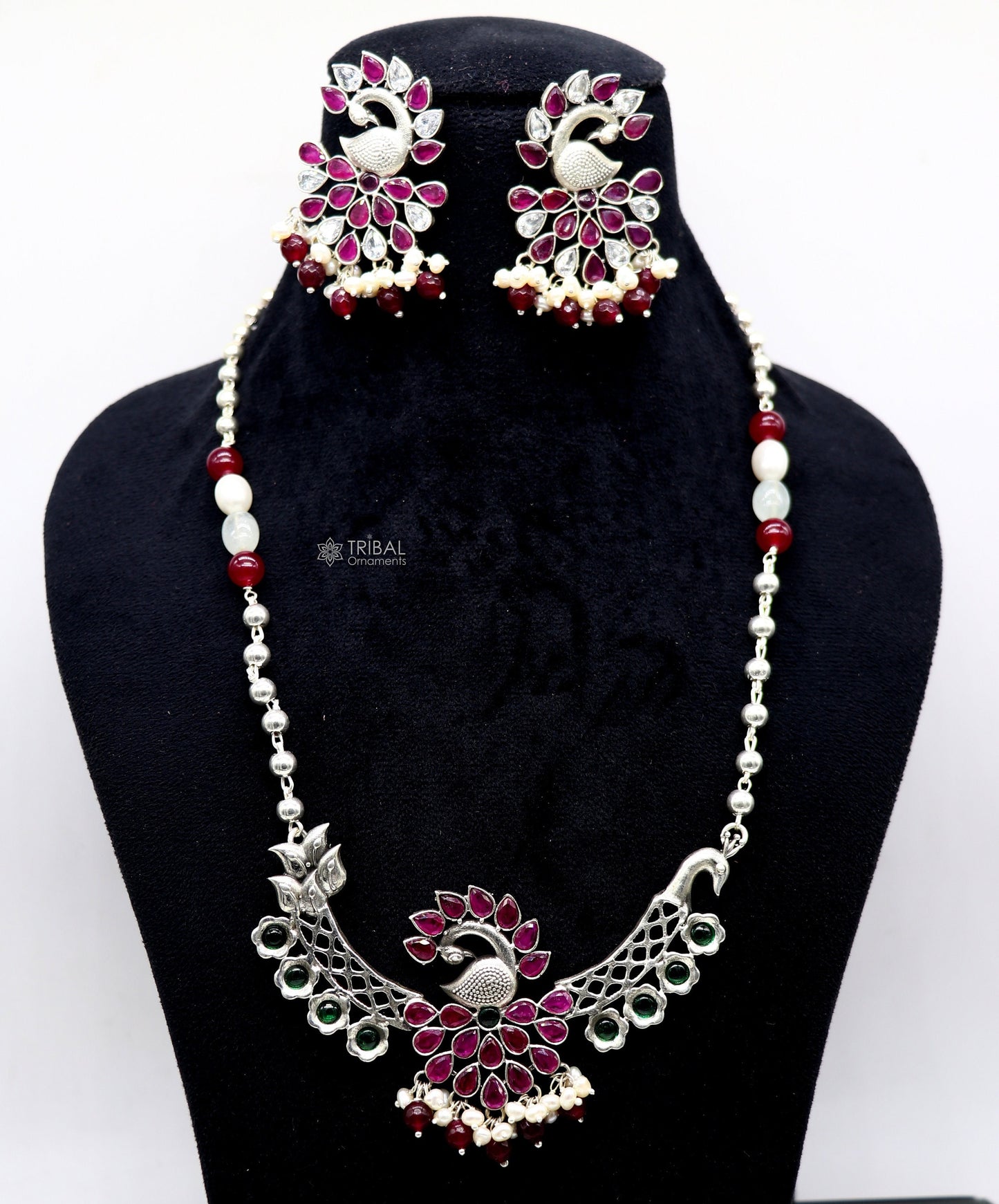 925 sterling silver handmade traditional trendy peacock pendant long beaded necklace, best brides belly dance Guttapusalu necklace set664 - TRIBAL ORNAMENTS