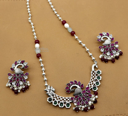 925 sterling silver handmade peacock pendant long beaded necklace, traditional trendy jewelry for brides and belly dance Guttapusalu set