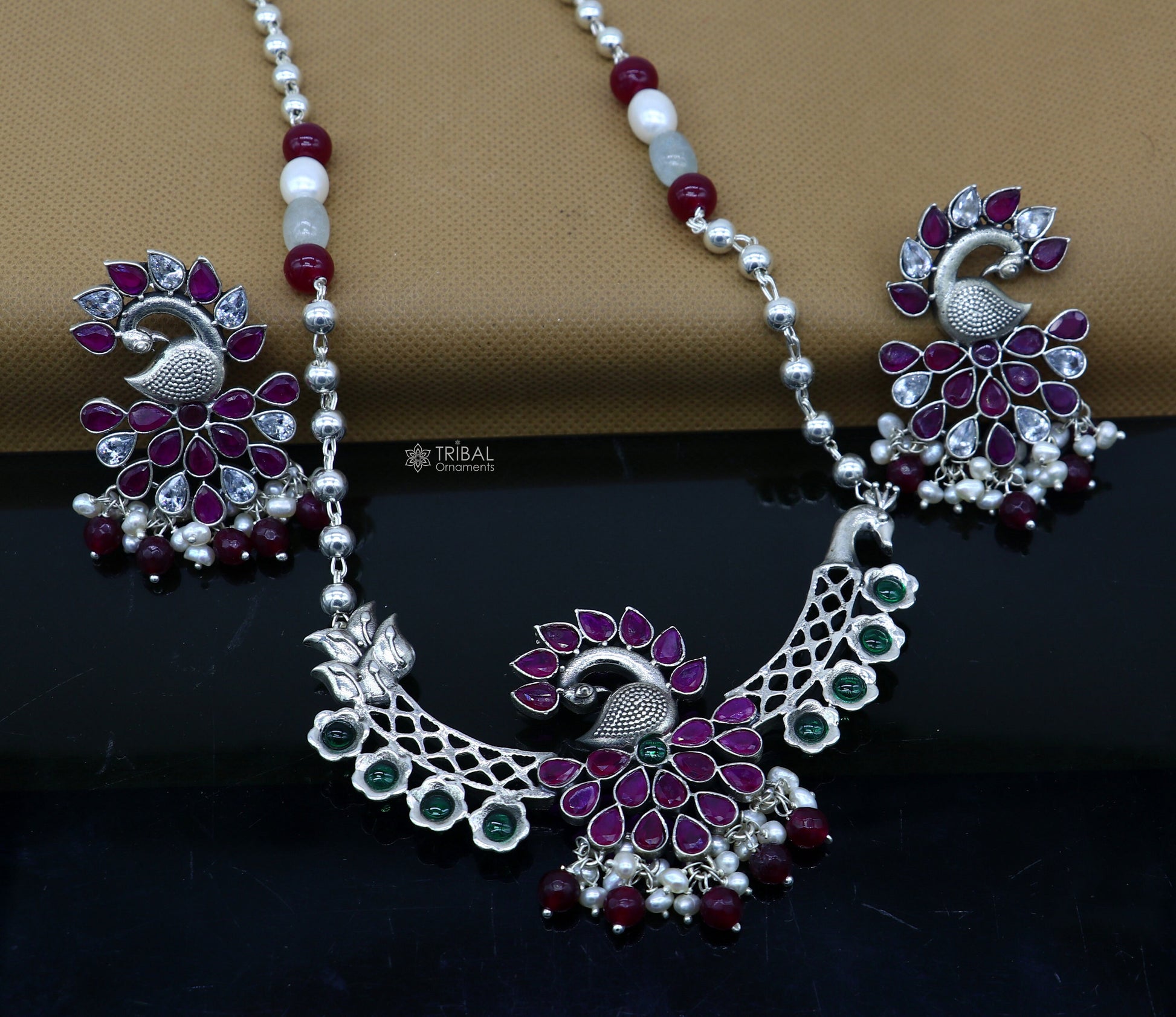 925 sterling silver handmade traditional trendy peacock pendant long beaded necklace, best brides belly dance Guttapusalu necklace set664 - TRIBAL ORNAMENTS