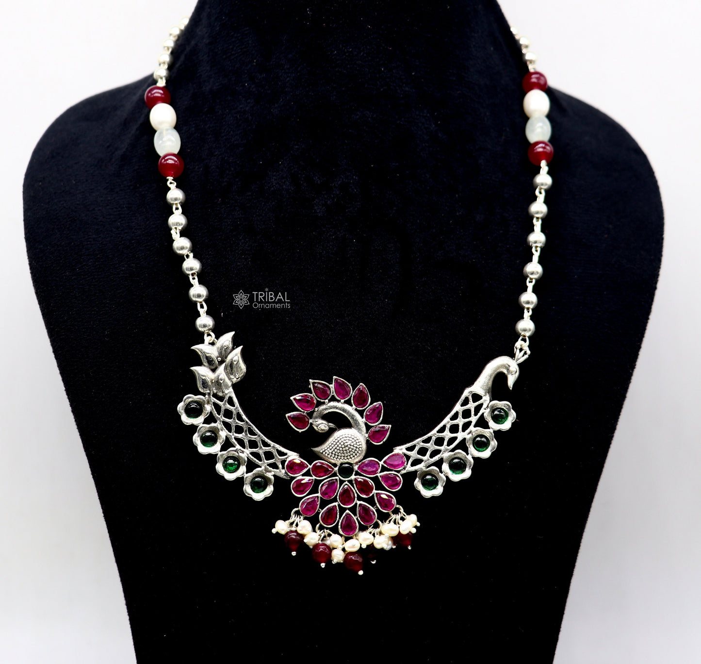 925 sterling silver handmade traditional trendy peacock pendant long beaded necklace, best brides belly dance Guttapusalu necklace set664 - TRIBAL ORNAMENTS