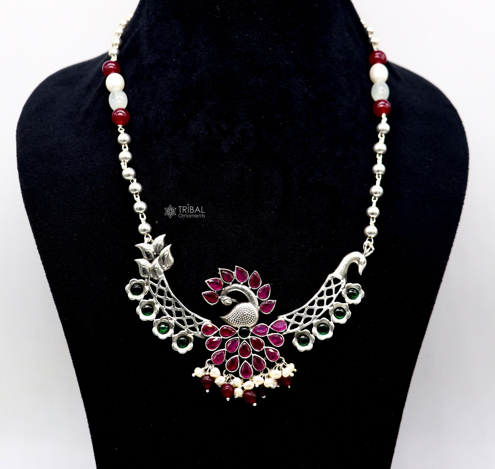 925 sterling silver handmade traditional trendy peacock pendant long beaded necklace, best brides belly dance Guttapusalu necklace set664 - TRIBAL ORNAMENTS