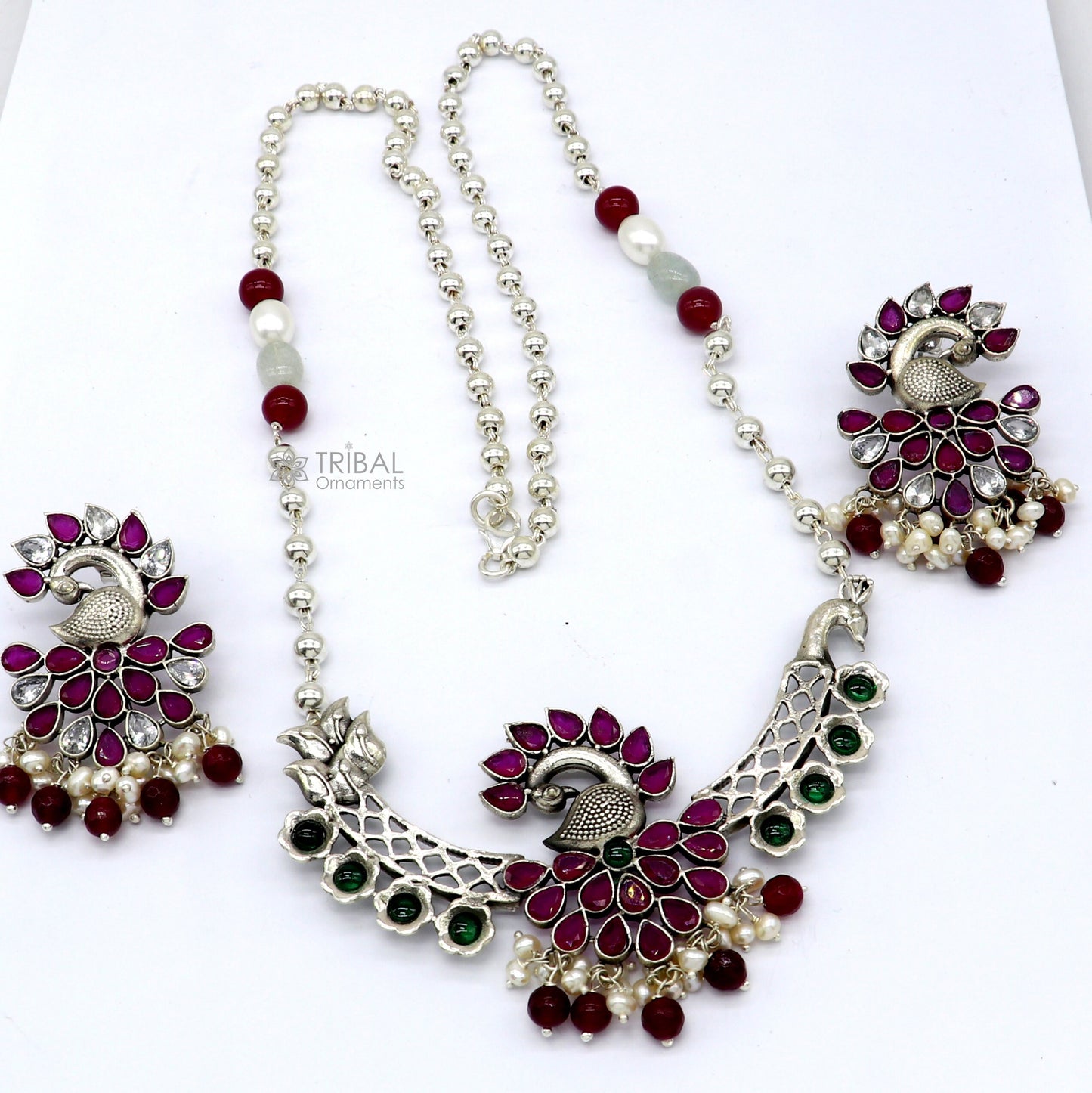 925 sterling silver handmade traditional trendy peacock pendant long beaded necklace, best brides belly dance Guttapusalu necklace set664 - TRIBAL ORNAMENTS
