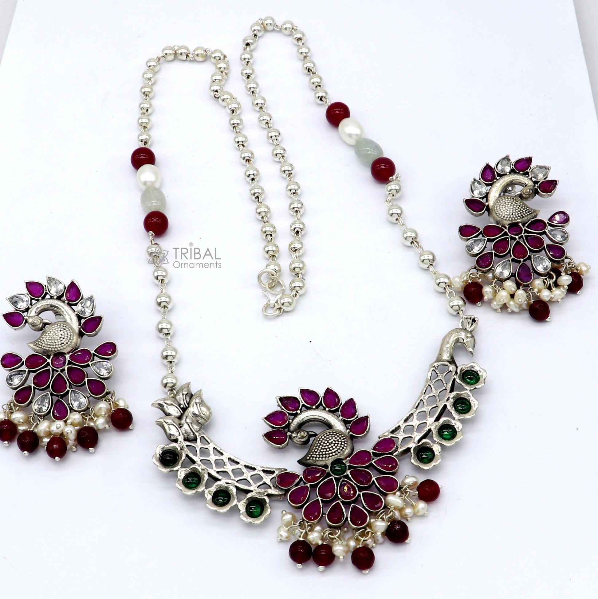 925 sterling silver handmade traditional trendy peacock pendant long beaded necklace, best brides belly dance Guttapusalu necklace set664 - TRIBAL ORNAMENTS