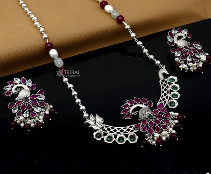 Sterling silver handmade peacock pendant long beaded necklace, traditional trendy jewelry for brides and belly dance, Tribal Ornaments.