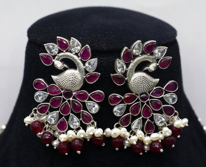 925 sterling silver handmade peacock pendant long beaded necklace, traditional trendy jewelry for brides and belly dance costumes