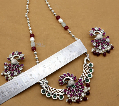 Sterling silver handmade peacock pendant long beaded necklace, traditional tribal jewelry for brides and belly dance accessories.