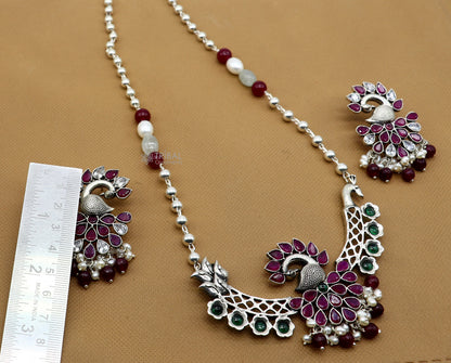 Sterling silver handmade peacock pendant long beaded necklace, traditional tribal style, ideal for brides and belly dance costumes.