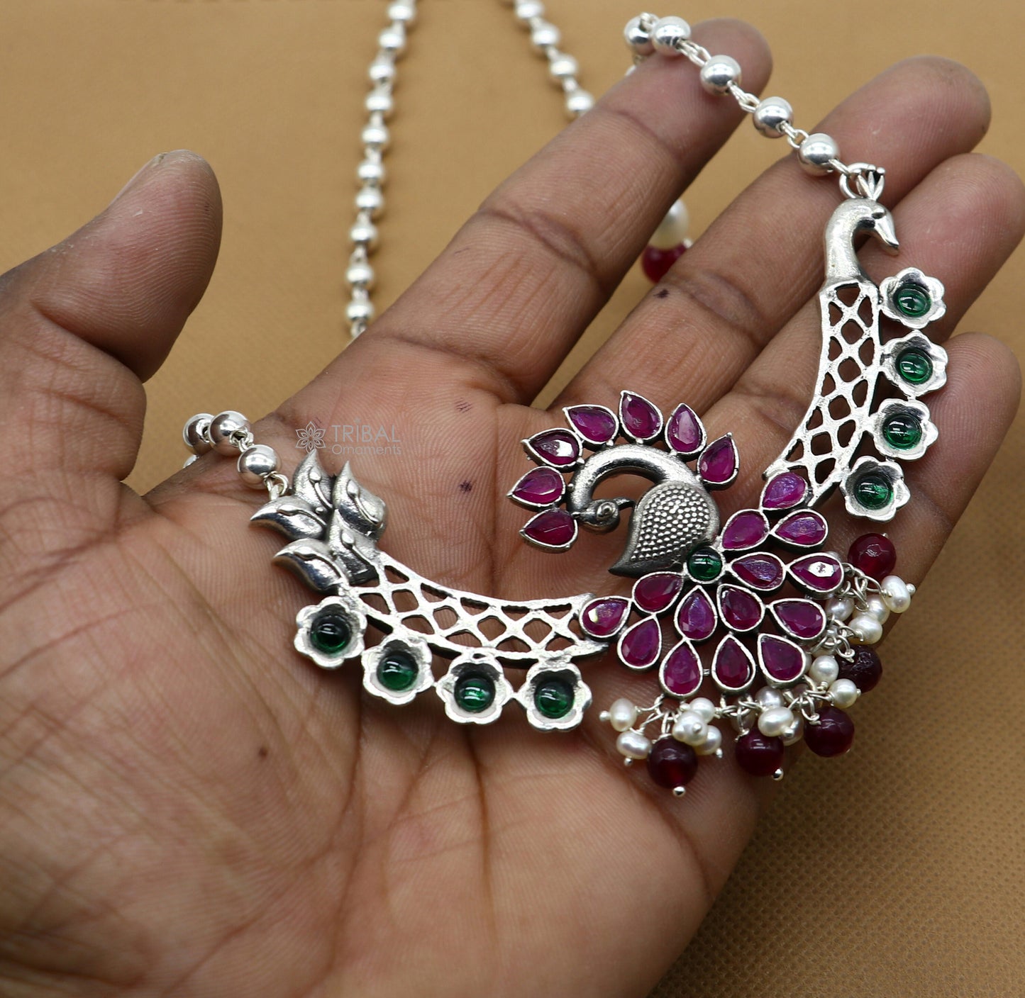 925 sterling silver handmade traditional trendy peacock pendant long beaded necklace, best brides belly dance Guttapusalu necklace set664 - TRIBAL ORNAMENTS