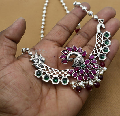 Sterling silver handmade peacock pendant necklace with long beaded design, ideal for brides and belly dance costumes.