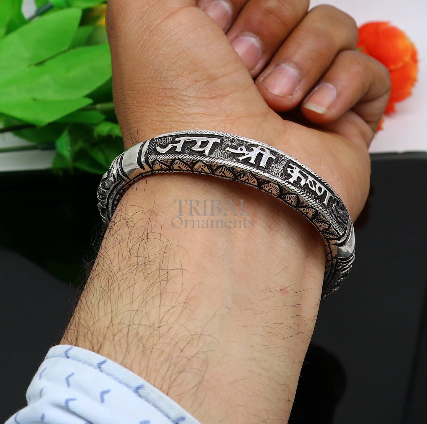 925 Sterling silver handmade trendy "jai shree Krishna" lord krishna mantra bracelet kada best divine unisex tribal gifting jewelry nsk651 - TRIBAL ORNAMENTS