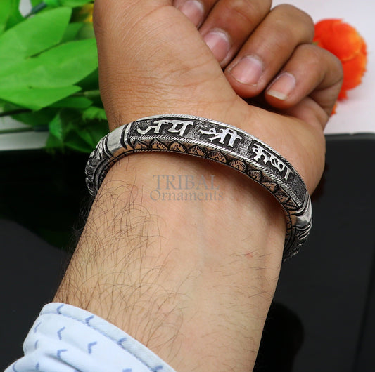 925 Sterling silver handmade trendy "jai shree Krishna" lord krishna mantra bracelet kada best divine unisex tribal gifting jewelry nsk651 - TRIBAL ORNAMENTS