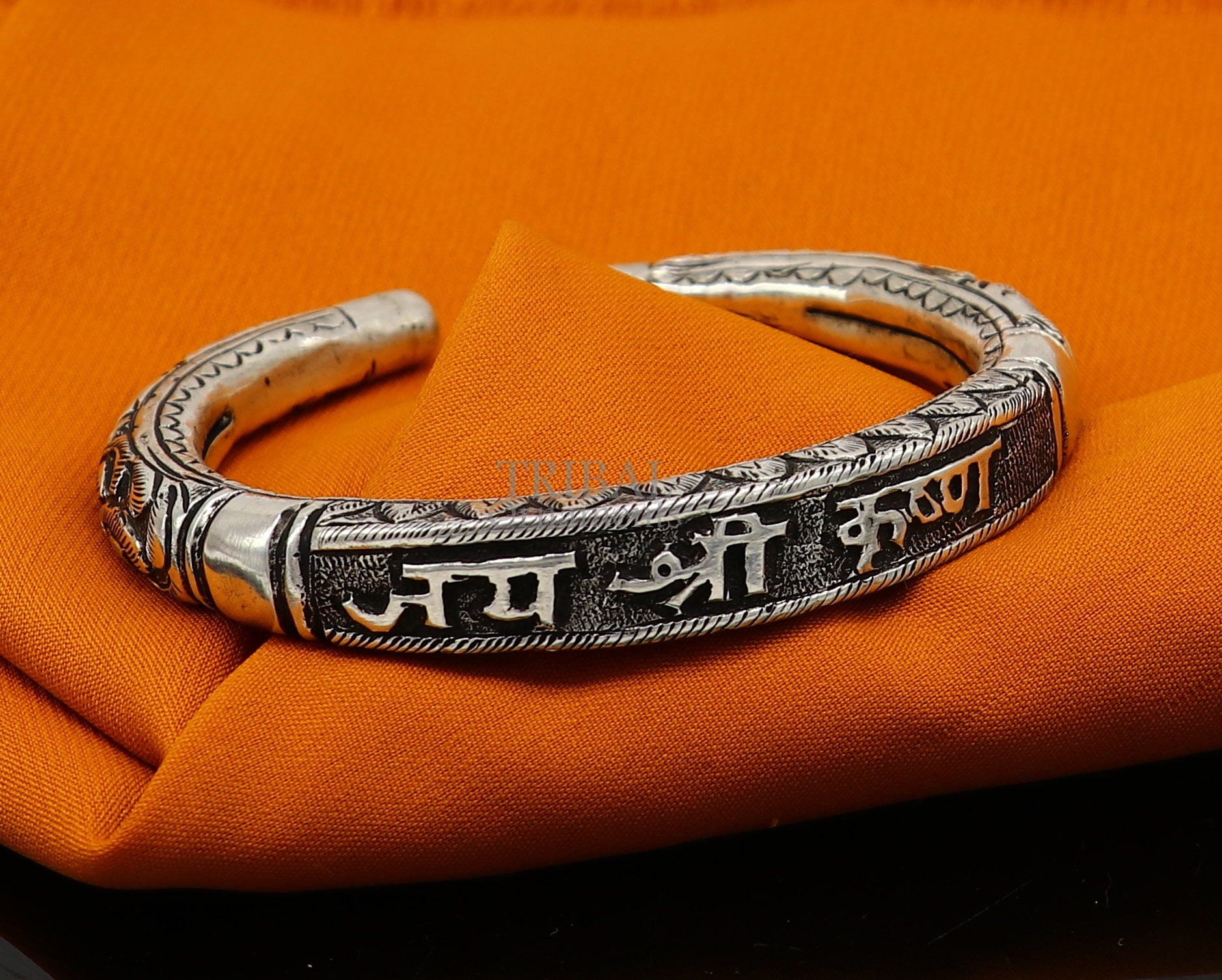 925 Sterling silver handmade trendy "jai shree Krishna" lord krishna mantra bracelet kada best divine unisex tribal gifting jewelry nsk651 - TRIBAL ORNAMENTS