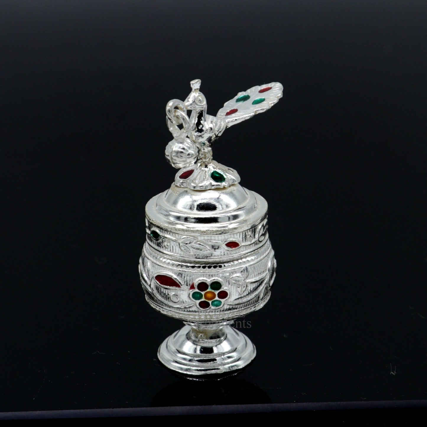 925 sterling silver handmade trinket box with peacock enamel design, perfect for sindur, kajal, and bridal accessories.