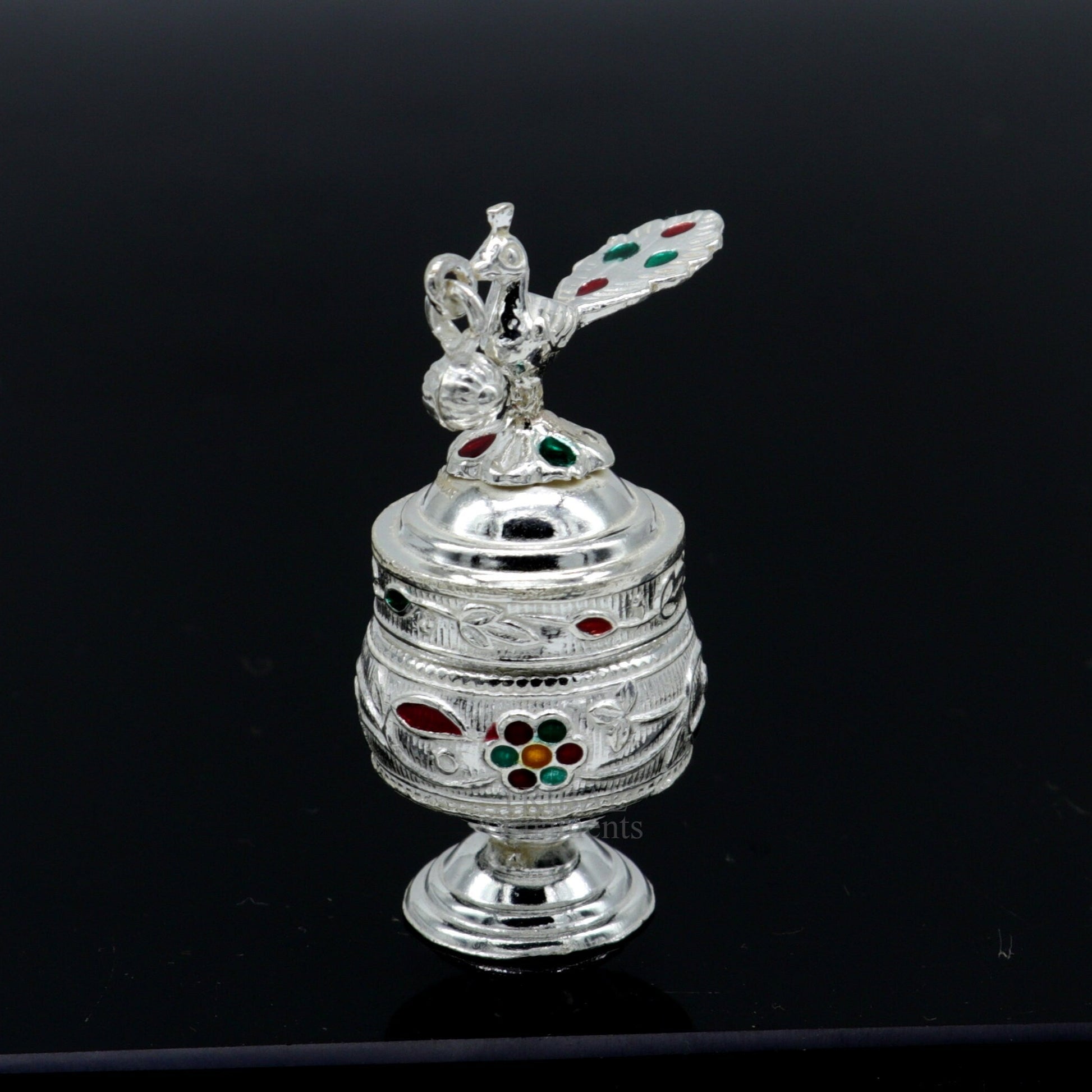 925 sterling silver handmade trinket box with peacock enamel design, perfect for sindur, kajal, and bridal accessories.