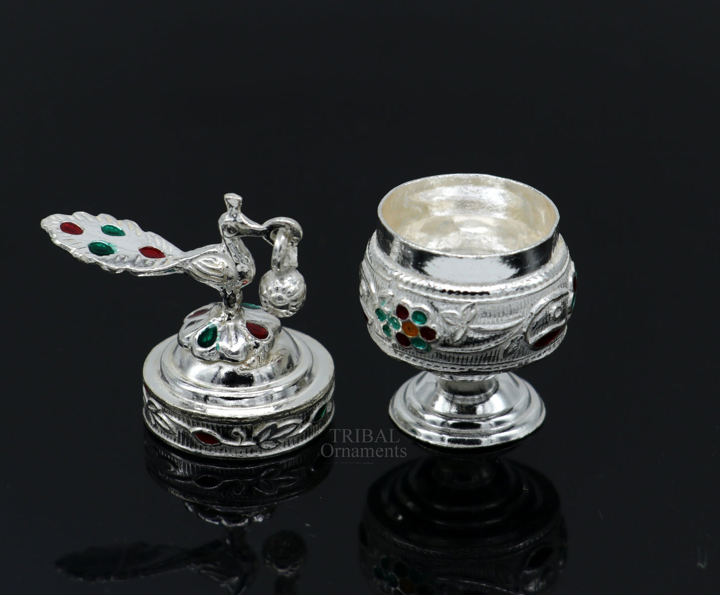 925 sterling silver handmade trinket box with intricate peacock enamel design, ideal for sindur, kajal, and bridal accessories.