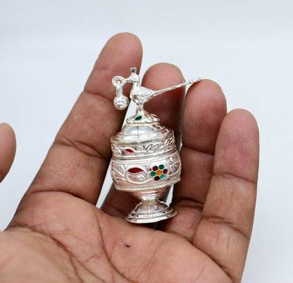 Sterling silver handmade trinket box with intricate peacock enamel design, ideal for sindur and bride accessories.