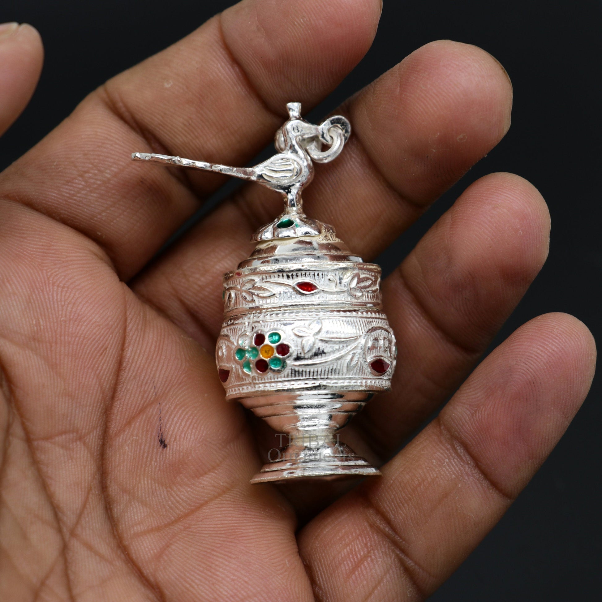 925 sterling silver handmade trinket box with detailed peacock enamel design, ideal for sindur, kajal, and bridal accessories.