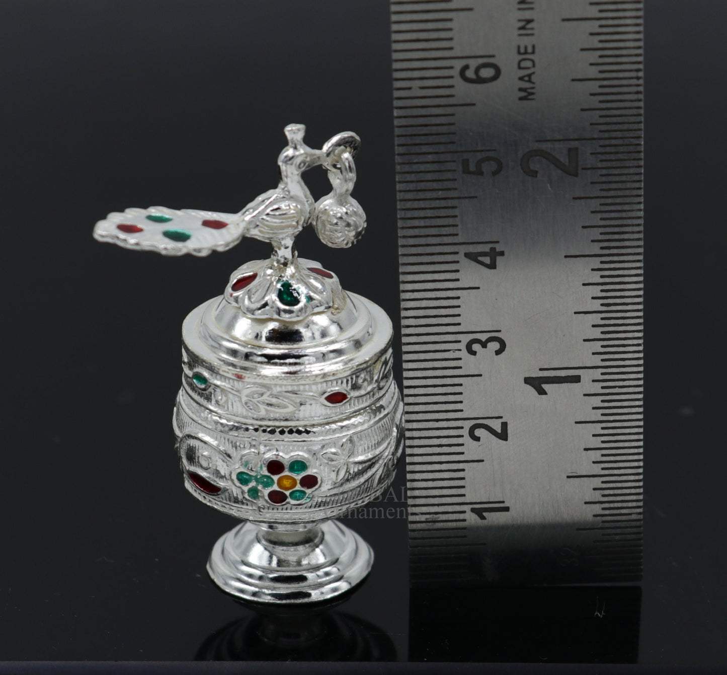 925 sterling silver handmade trinket box with intricate peacock enamel design, ideal for sindur, kajal, and bridal accessories.