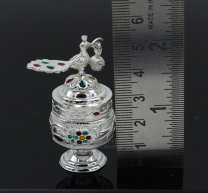925 sterling silver handmade trinket box with intricate peacock enamel design, ideal for sindur, kajal, and bridal accessories.