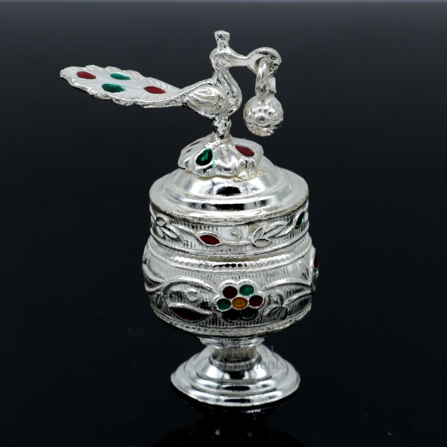 925 sterling silver handmade trinket box with intricate peacock enamel design, suitable for sindur, kajal, and brides accessories.