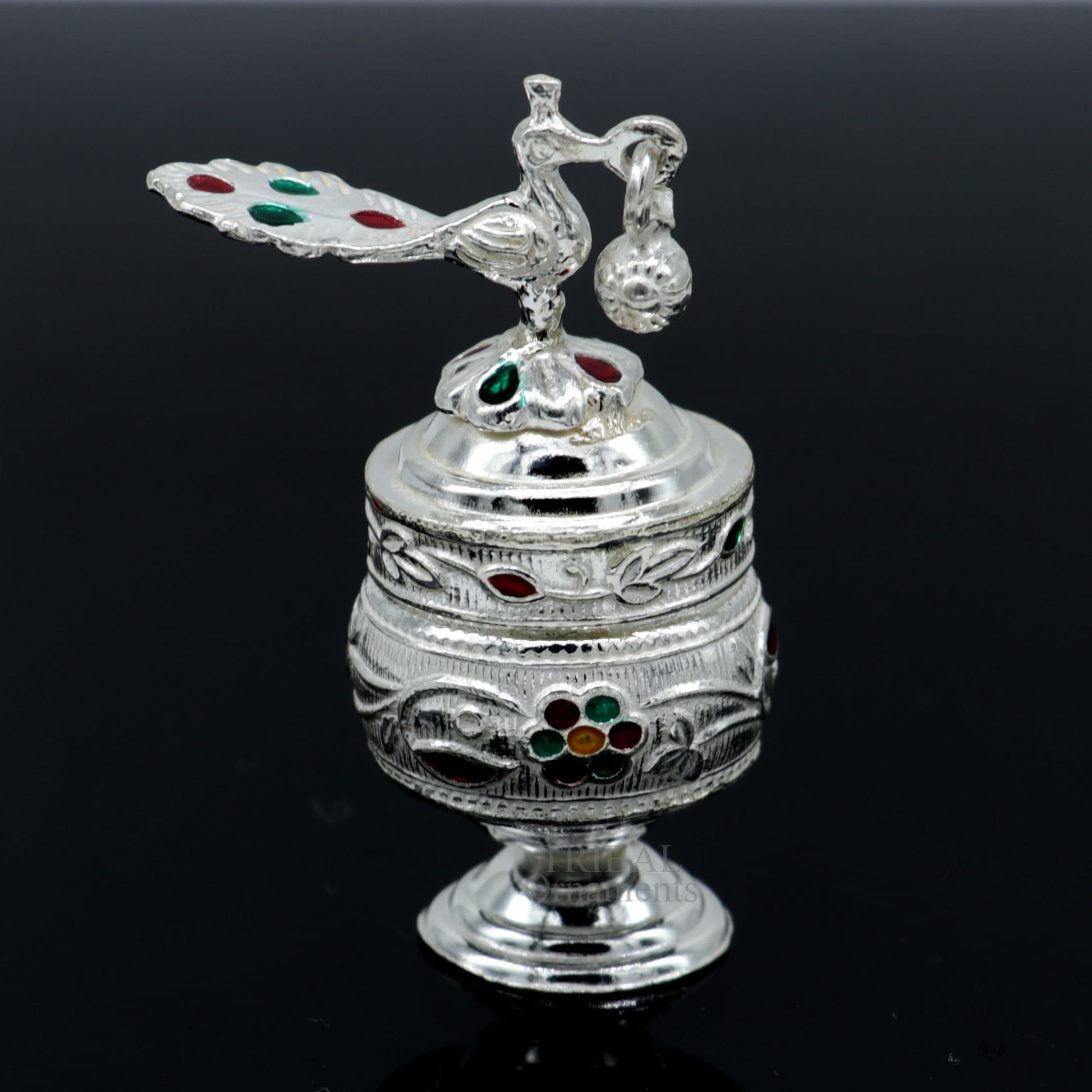 925 sterling silver handmade trinket box with intricate peacock enamel design, suitable for sindur, kajal, and brides accessories.
