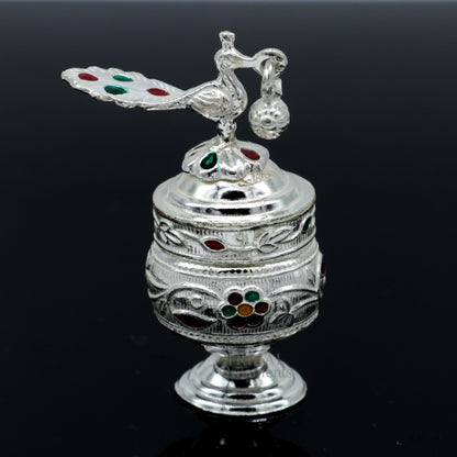925 sterling silver handmade trinket box with intricate peacock enamel design, suitable for sindur, kajal, and brides accessories.