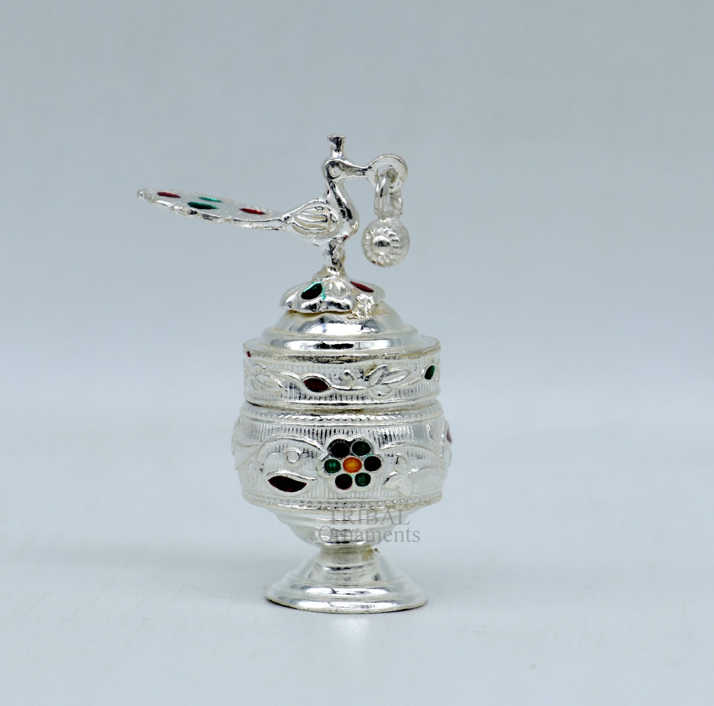 925 silver handmade trinket box with peacock enamel design, tribal ornaments, bridal sindur and kajal storage, intricate meena kari work