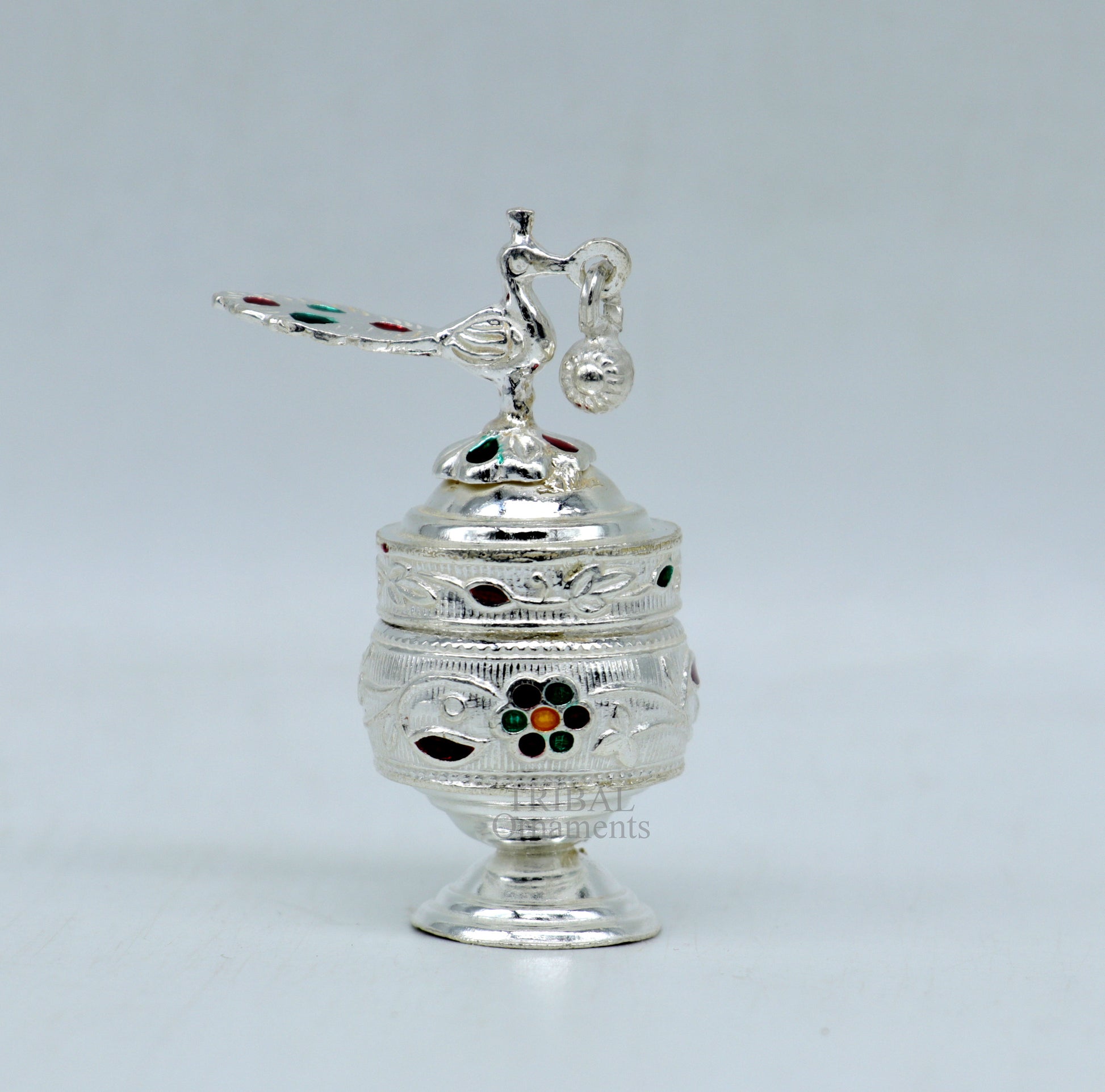 925 silver handmade trinket box with peacock enamel design, tribal ornaments, bridal sindur and kajal storage, intricate meena kari work