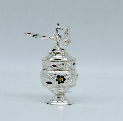 925 silver handmade trinket box with peacock enamel design, tribal ornaments, bridal sindur and kajal storage, intricate meena kari work