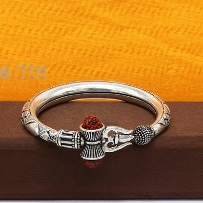 925 Sterling silver handmade unique design Lord Shiva trident trishul kada bangle bracelet with natural Rudraksha bahubali kada nsk786 - TRIBAL ORNAMENTS