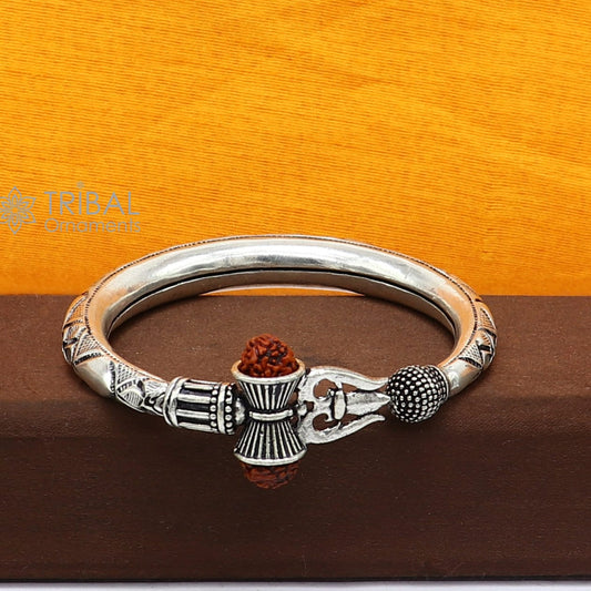 925 Sterling silver handmade unique design Lord Shiva trident trishul kada bangle bracelet with natural Rudraksha bahubali kada nsk786 - TRIBAL ORNAMENTS