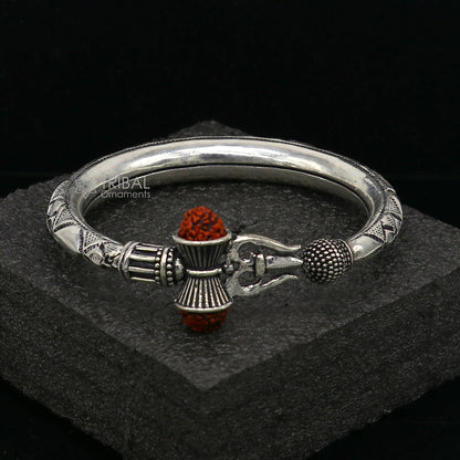925 Sterling silver handmade unique design Lord Shiva trident trishul kada bangle bracelet with natural Rudraksha bahubali kada nsk786 - TRIBAL ORNAMENTS