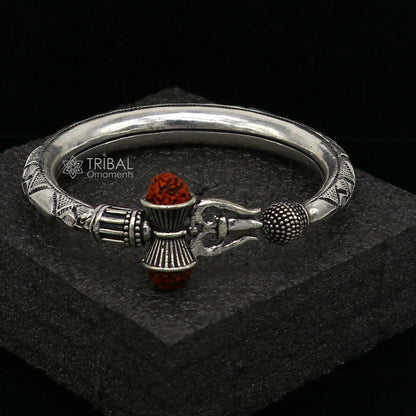 925 Sterling silver handmade unique design Lord Shiva trident trishul kada bangle bracelet with natural Rudraksha bahubali kada nsk786 - TRIBAL ORNAMENTS