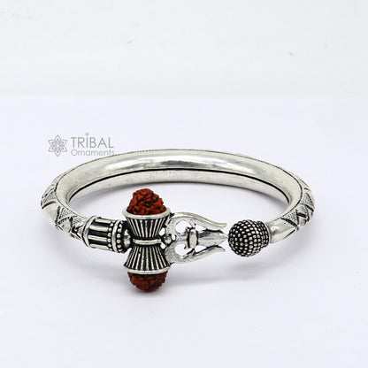 925 Sterling silver handmade unique design Lord Shiva trident trishul kada bangle bracelet with natural Rudraksha bahubali kada nsk786 - TRIBAL ORNAMENTS
