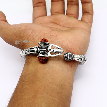925 Sterling silver handmade unique design Lord Shiva trident trishul kada bangle bracelet with natural Rudraksha bahubali kada nsk786 - TRIBAL ORNAMENTS