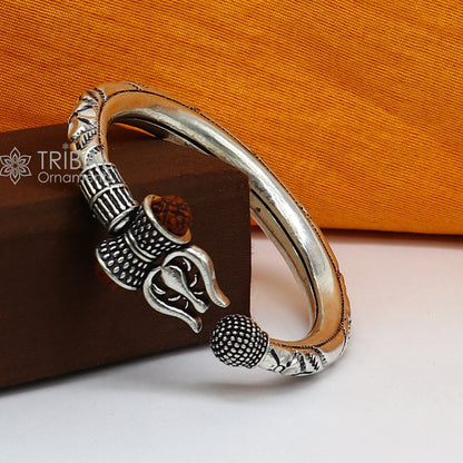 925 Sterling silver handmade unique design Lord Shiva trident trishul kada bangle bracelet with natural Rudraksha bahubali kada nsk787 - TRIBAL ORNAMENTS