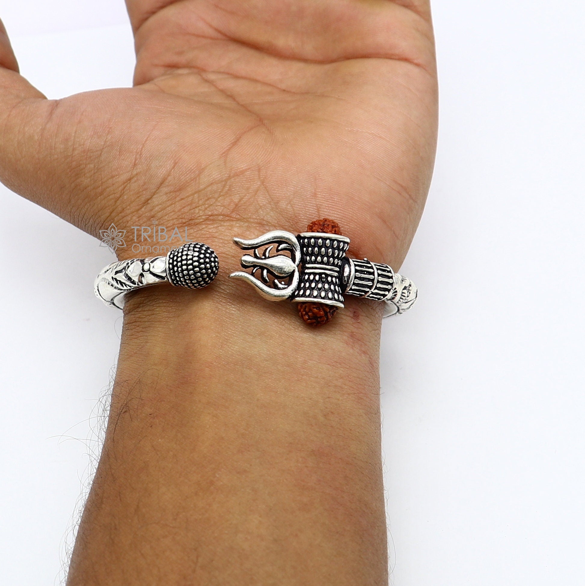 925 Sterling silver handmade unique design Lord Shiva trident trishul kada bangle bracelet with natural Rudraksha bahubali kada nsk787 - TRIBAL ORNAMENTS