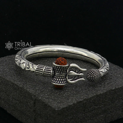 925 Sterling silver handmade unique design Lord Shiva trident trishul kada bangle bracelet with natural Rudraksha bahubali kada nsk787 - TRIBAL ORNAMENTS